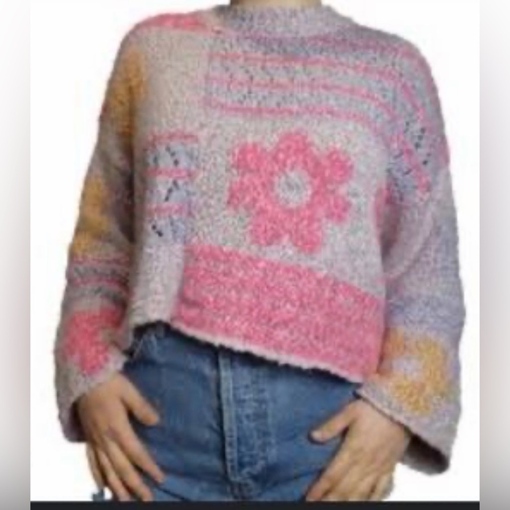 Moon & Madison Floral Patchwork Cropped Sweater ~ Boho Cottagecore Knit ~ Size S - Picture 9 of 14